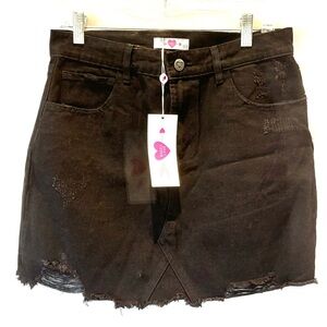 NWT Buddy Love mini skirt denim distressed fringe black. Sz 30 inch waist.